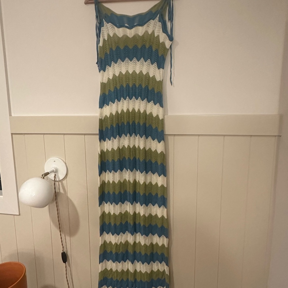 Striped Maxi crochet chevron Dress in Blue, Green,‎ and White tie shoulders